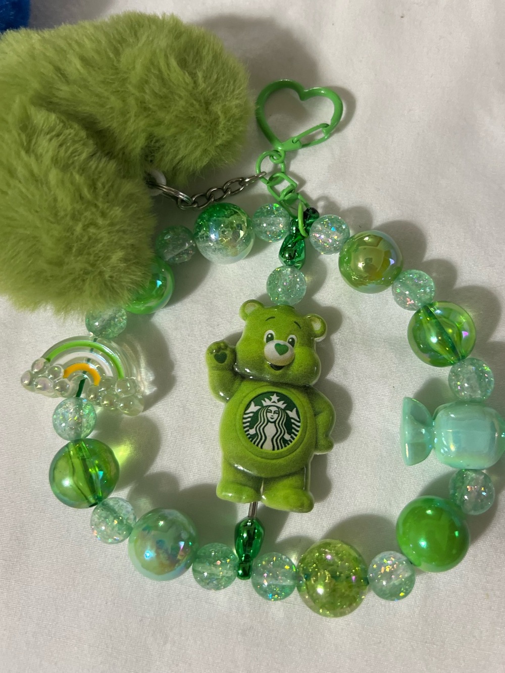 Starbucks Green Bear Beaded Kids Bag Charm with Heart Clip